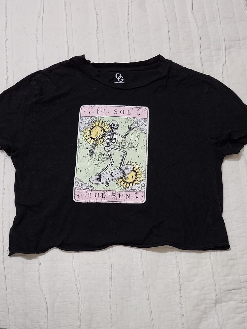 OG 100% Cotton Black Graphic Crop Tee with Skeleton 'El Sol The Sun' Design